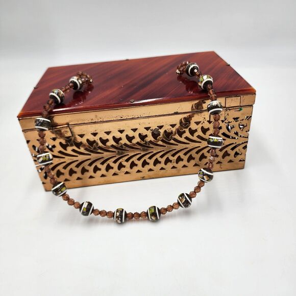 Vintage 1950's Tortoiseshell Amber Color Lucite Brass Filigree Box Purse Beaded - Picture 4 of 13